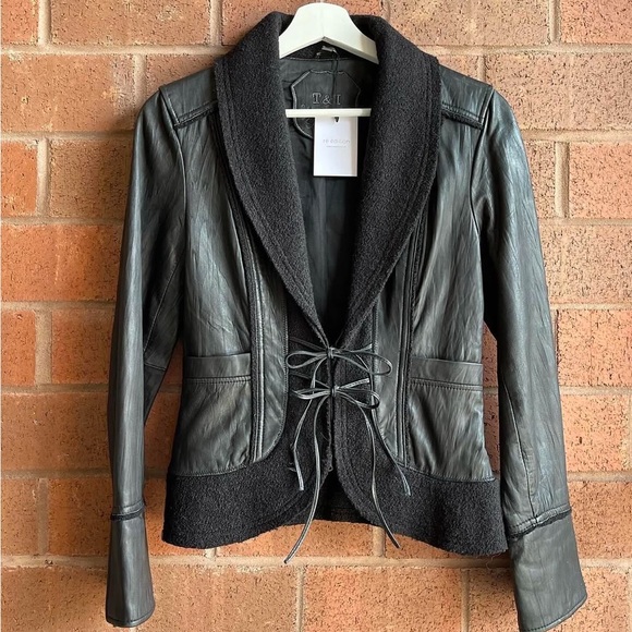 Leather & Wool Jacket with Tie Detail - Picture 6 of 16